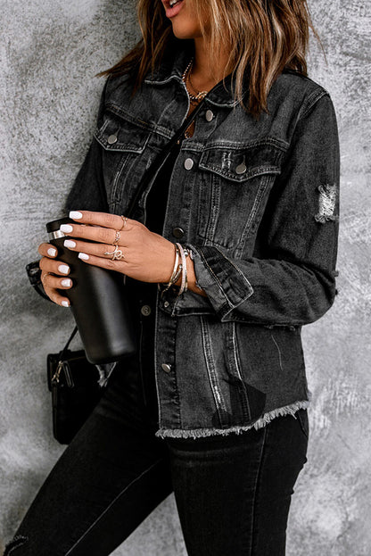 Black Casual Distressed Raw Hem Buttons Denim Jacket