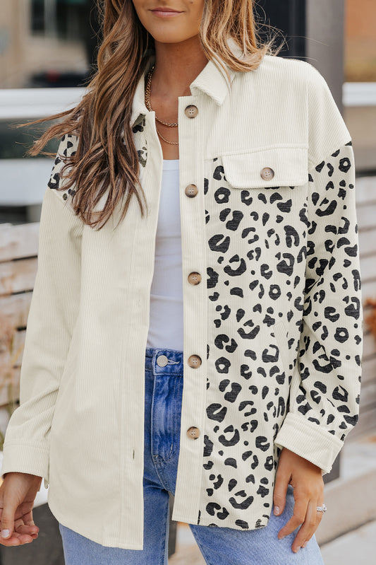Apricot Corduroy Leopard Print Pocketed Shacket