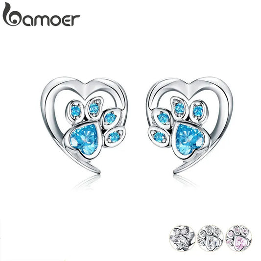 Bamoer Blue Crystal Paw Stud Earrings for Girl Heart Shape CZ Footprint Ear Studs Jewelry Women Original Design Bijoux SCE654