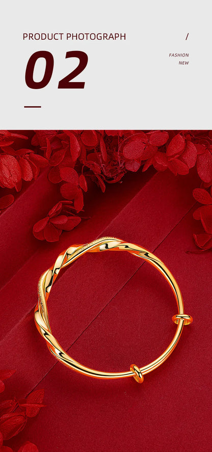 24K Real Gold bangle 9999 Niche Premium Twist Push-Pull Half Studded Sand Half Glossy Twist Bracelet for Women Fine Jewelry