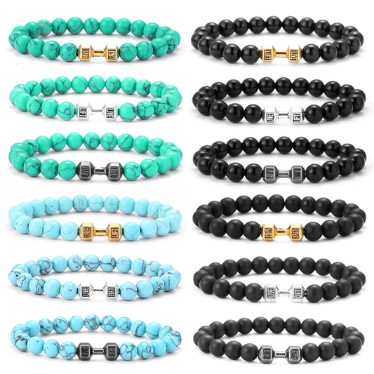 Bracelet Men Matte Black Lave White Beads Charm Dumbbell Strand Bracelets Women Barbell Fitness Jewelry Gym Enthusiast racelet