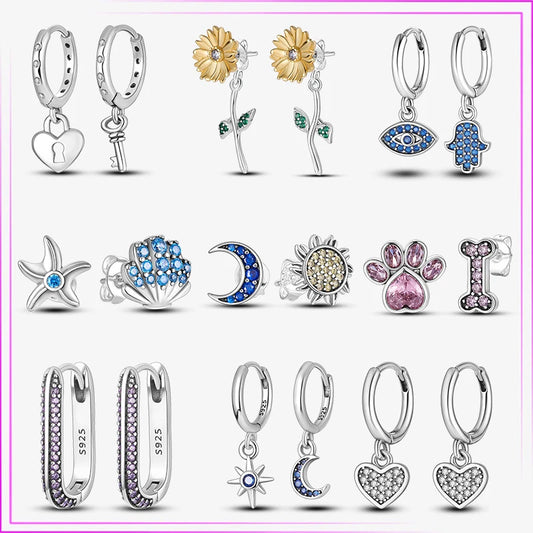2022 New 925 Silver Earrings Devil's Eye Double Hoop Original Rose Eardrop Geometric Star Moon Heart-shaped Women Stud Gift