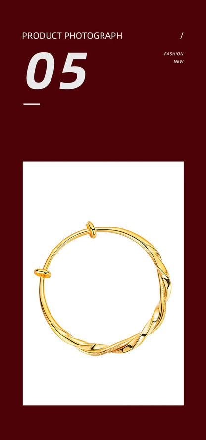 24K Real Gold bangle 9999 Niche Premium Twist Push-Pull Half Studded Sand Half Glossy Twist Bracelet for Women Fine Jewelry