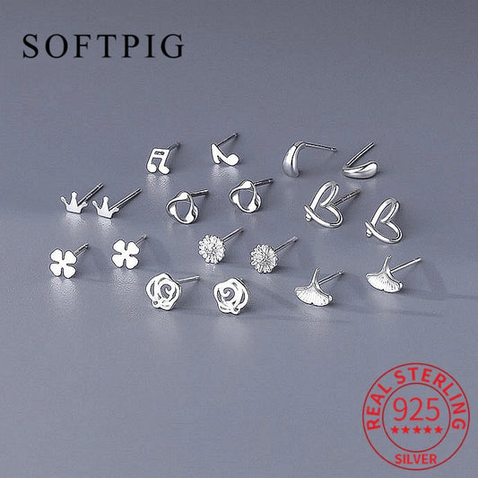 SOFTPIG Real 925 Sterling Silver Heart Crown Flower Leaves Stud Earrings For Women Classic Minimalist Geometric Fine Jewelry
