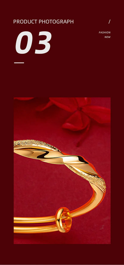 24K Real Gold bangle 9999 Niche Premium Twist Push-Pull Half Studded Sand Half Glossy Twist Bracelet for Women Fine Jewelry