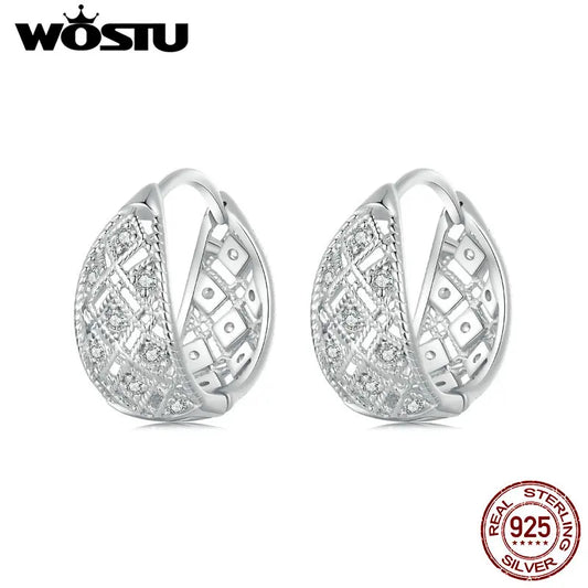 WOSTU 925 Sterling Silver Vintage Lace Hoop Earrings For Women Statement Jewelry Huge Hollow CZ Ear Buckles Wedding Party Gift