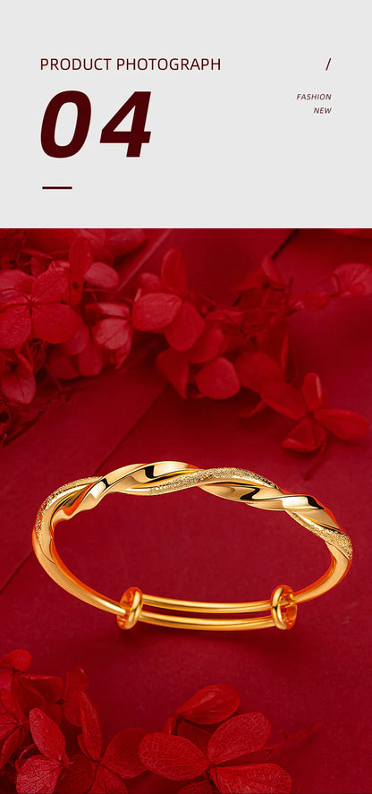 24K Real Gold bangle 9999 Niche Premium Twist Push-Pull Half Studded Sand Half Glossy Twist Bracelet for Women Fine Jewelry