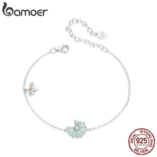 Bamoer 925 Sterling Silver Mint Green Daisy Bracelet Mini Bee Chain Link for Women Girls Party Birthday Fine Jewelry Gift