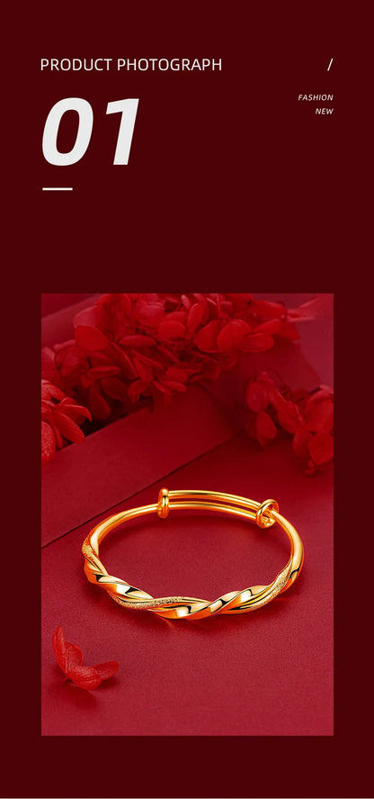 24K Real Gold bangle 9999 Niche Premium Twist Push-Pull Half Studded Sand Half Glossy Twist Bracelet for Women Fine Jewelry