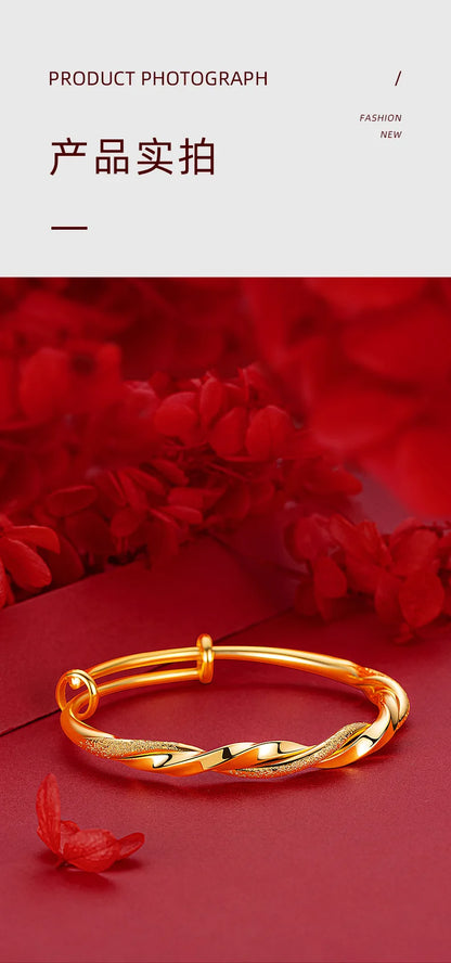 24K Real Gold bangle 9999 Niche Premium Twist Push-Pull Half Studded Sand Half Glossy Twist Bracelet for Women Fine Jewelry