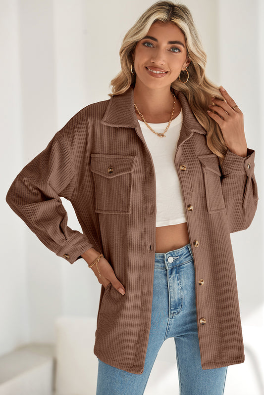 Oatmeal Corduroy Flap Pocket Button Up Shacket